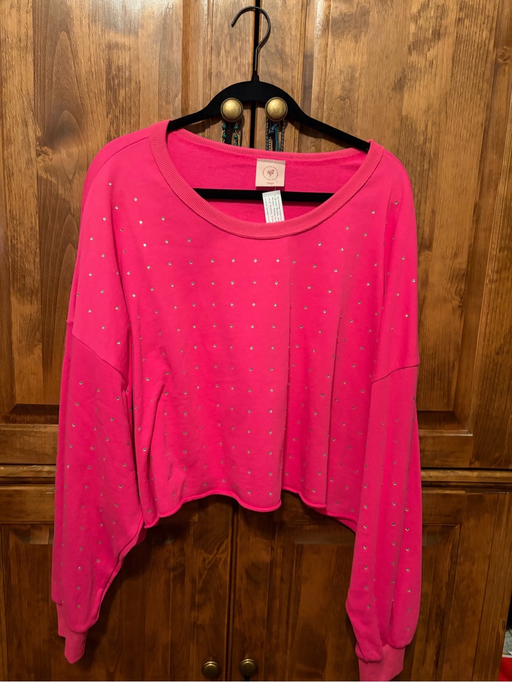 Hot Pink Studded Cropped Oversized Sweatshirt - Women's